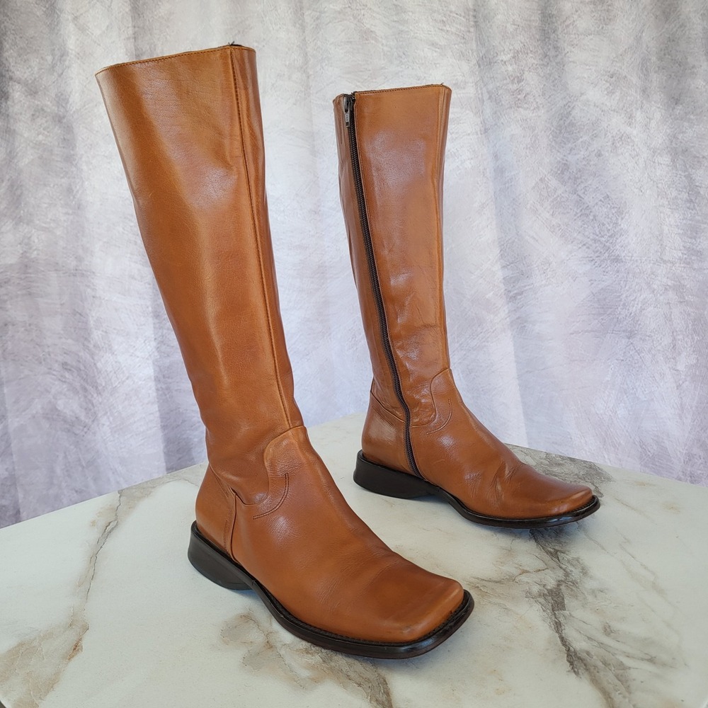 Charles David x Nathalie M Square Toe Kne High Boots Tan Size 36.5/6 Italy